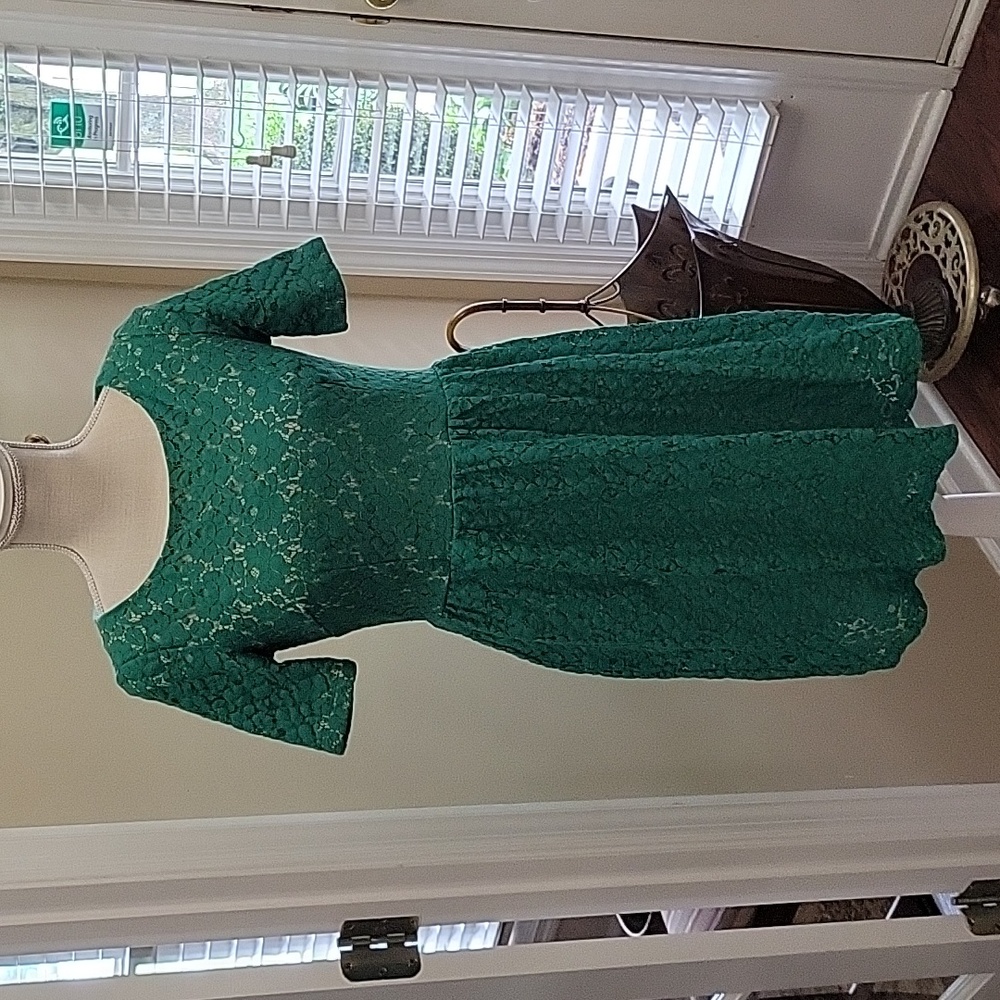 Cynthia Rowley green lace dress round neck short slv lined gathered skirt 6 EUC…